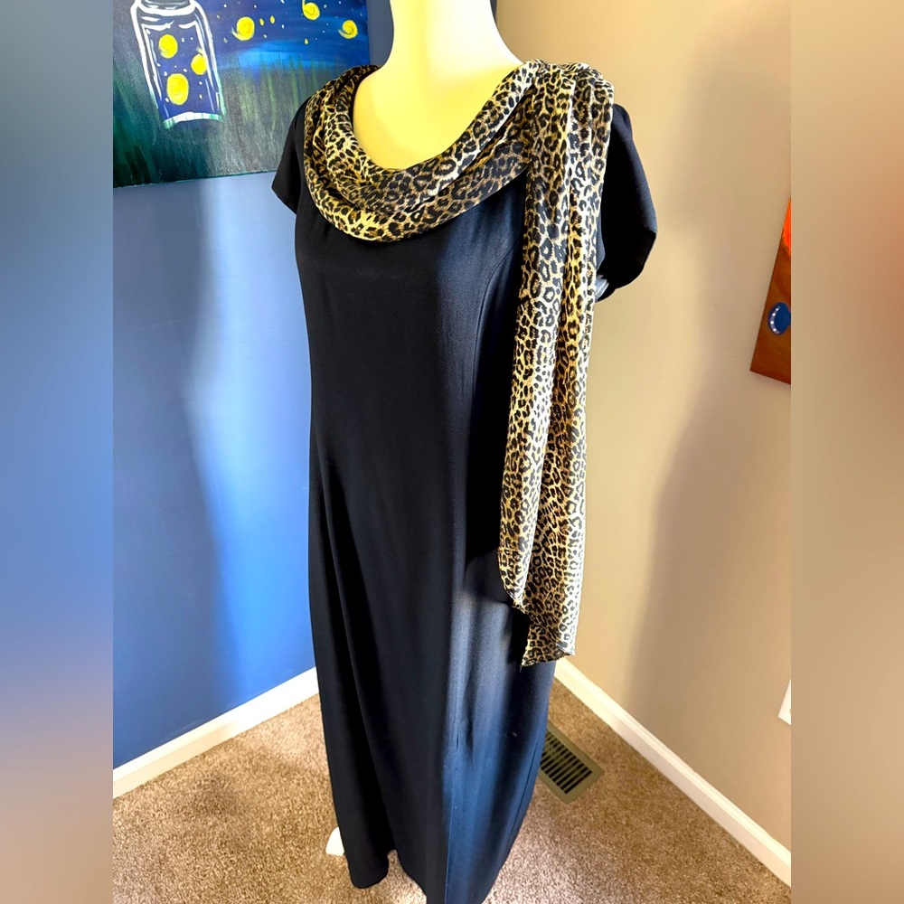 Virgo II Black dress with attached leopard print scarf. Size 16.